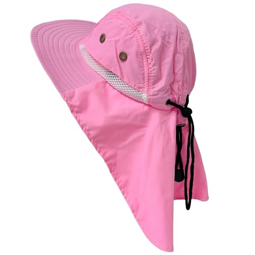 Packable and Adjustable Mesh Boonie Sun Hat with Neck Flap - color: Pink