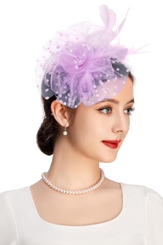 BABEYOND Fascinators Hats for Women Tea Party Flower Tulle Bead Derby Hat - color: Light Purple