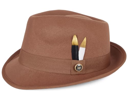 Fedora Hats for Men & Women Short Brim Felt hat Trilby Fedora with Feather Panama Dress Hat - color: Khaki, size: Large