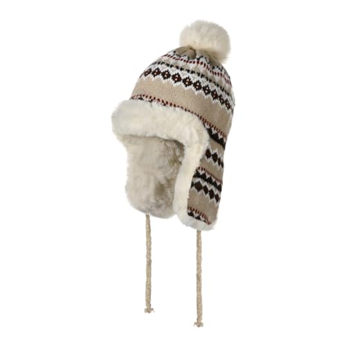 XGOPTS Women Winter Faux Fur Trapper Hat Warm Fleece Lined Beanie Cap Furry Pom Jacquard Knited Hats Knit Cossack Russian Hat - color: Beige