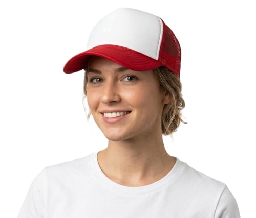 NYFASHION101 Plain Mesh Trucker Hat - Breathable 6-Panel Daily Snapback Cap, Customizable Ideal for DIY Embroidery & Patches - color: Red/White