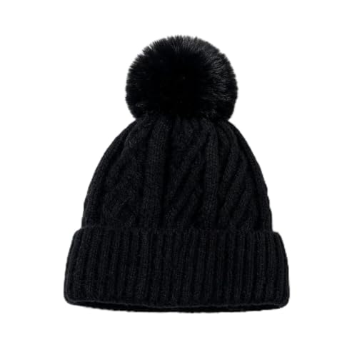 Cable Knit Pom Pom Beanie Black Winter Hat Soft Warm Stretch Cap