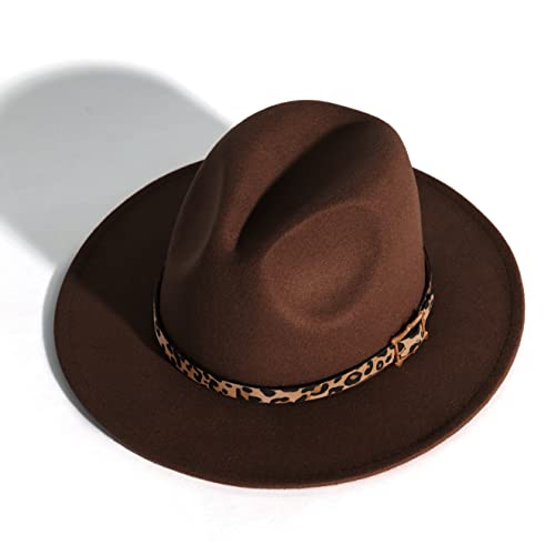 Women's Wide Brim Felt Fedora Panama Hat with Leopard - color: Coffee