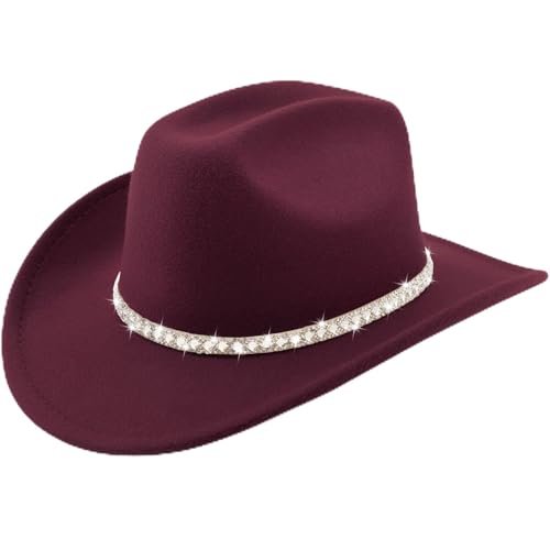 DRESHOW Western Cowboy Hat for Women and Men Wide Brim Glitter Cowboy Cowgirl Hat with Rhinestone Felt Fedora Hats - color: 1 Pack Style 10: Burgundy