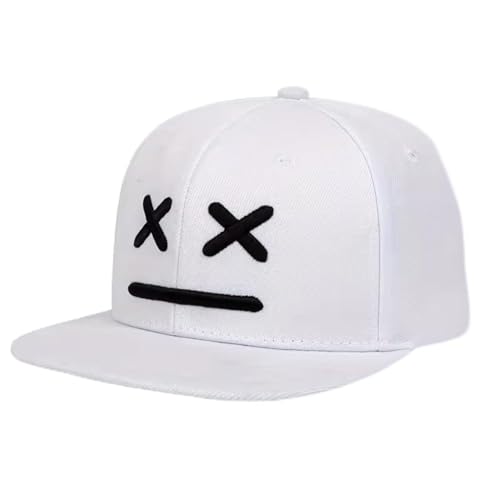 Snapback Cap with Embroidered Face Design, Flat Brim Baseball Hat, Black and White, Adjustable, Unisex Street Style - color: White