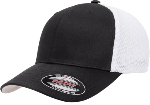 Flexfit 6511 Fitted Mid-Profile Stretchable Mesh Panels Trucker Cap - color: Black/White, size: One Size