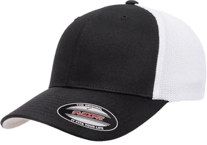 Flexfit 6511 핏 미드 프로파일 스트레치 메시 패널 트러커 캡 - color: 블랙/화이트., size: S - M
