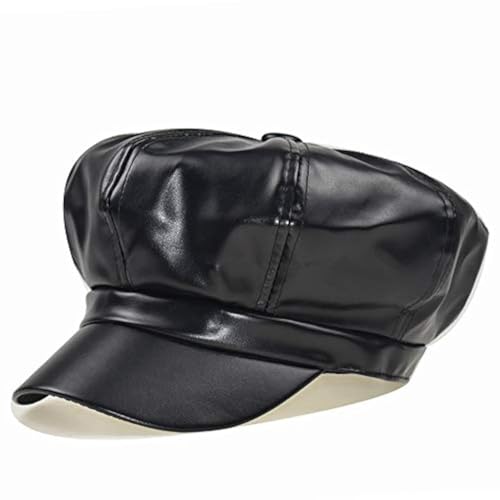 Women Newsboy Hats,8 Panel Ivy Beret PU Leather Cabbie Cap - color: Black