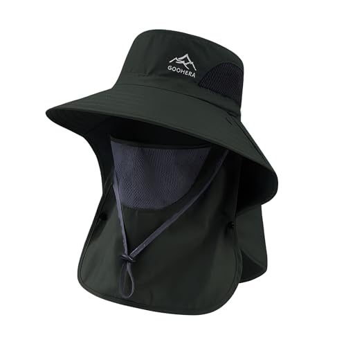 Sun Hat for Men & Women, Breathable Wide Brim Outdoor Fishing Hat with Face Cover & Neck Flap - color: Dark Green