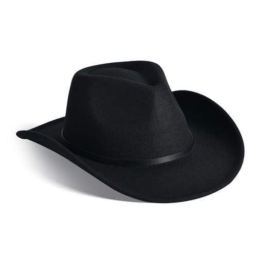 Classic Western Cowboy Hat Cowgirl Hat Unisex Men's & Women's Wide Brim Felt Fedora Hat Flat Top with Buckle Belt - color: Black 2#, size: 7-7 1/4