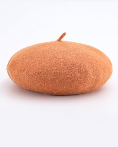 French Beret Hats for Women - Wool Solid Color Beanie Cap - color: Light Orange