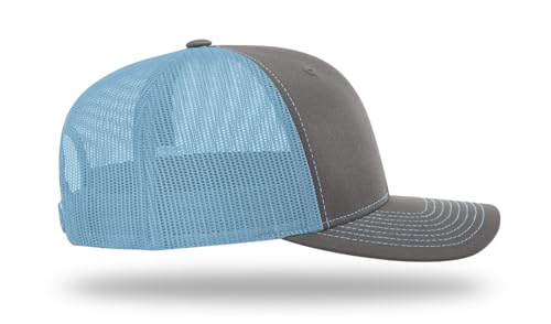 Richardson 112 Trucker Hat - Premium Blank Baseball Cap, Adjustable Snapback Hat - Structured Six Panel Richardson Blank Hats - color: Charcoal/Columbia Blue