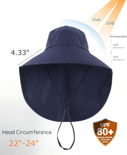 Home Prefer UPF 80+ Sun Hat for Men Women Wide Brim Sun Hat with Neck Flap Summer Beach UV Protection Gardening Fishing Hat - color: Navy Blue