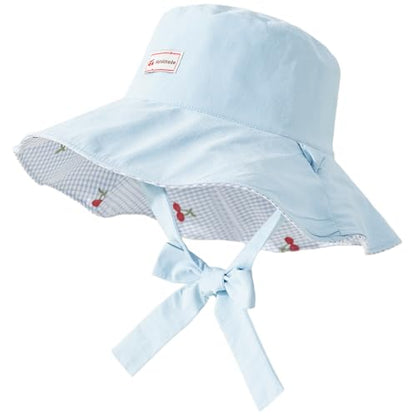 Women's Reversible Bucket Sun Hat with Cherries Embroidered Pattern, UPF 50+ UV Protection, Water Resistant for Beach Hiking - color: Light Blue