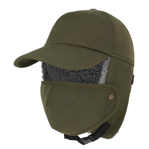 Trapper Hat for Men Women Waterproof Winter Warm Baseball Cap with Ear Flaps and Mask - color: Green, size: Large