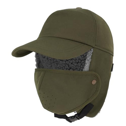 Trapper Hat for Men Women Waterproof Winter Warm Baseball Cap with Ear Flaps and Mask - color: Green, size: Large