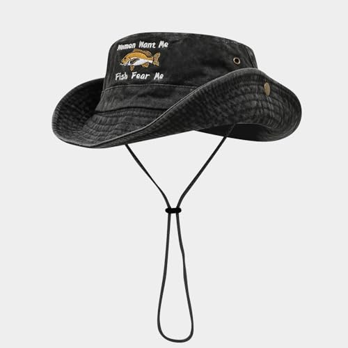 Sun Bucket Hat for Men Women Fishing Beach Safari Trendy Cotton Cowboy Cap for Golf Hiking Hunting Outdoor Boonie - color: Fish Black