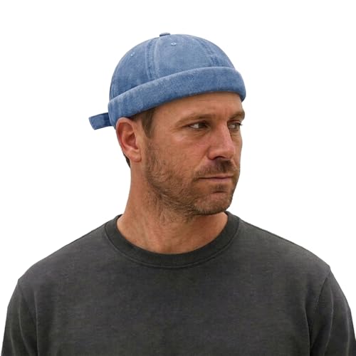 Sailor Brimless Skull Hat, Washed Cotton Docker Hat for Men Vintage - color: Blue