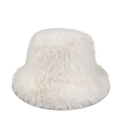Women's Oversized Faux Fur Bucket Hat, Fluffy Plush Fuzzy Winter Warm Hat - color: Beige
