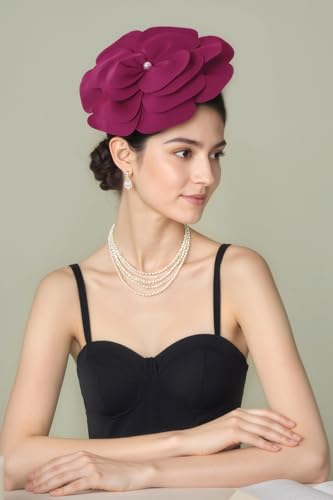 BABEYOND Fascinators Hats for Women Layered Flower Tea Party Derby Hats - color: Rose Red