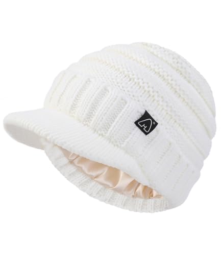 Hat Hut Beanie Hats for Women Men Satin Lined Winter Hats for Women Slouchy Beanies Satin Lined Beanie with Brim Visor - color: White