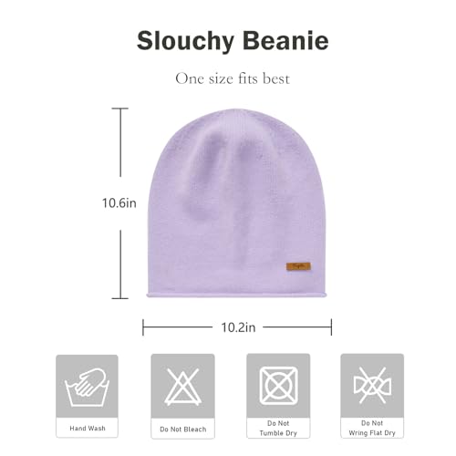 100% Merino Wool Slouchy Beanie Hat, Women Warm Winter Caps Soft, Ladies Breathable & Cozy Stretchy Knitted Skull Cap - color: Lavender Purple