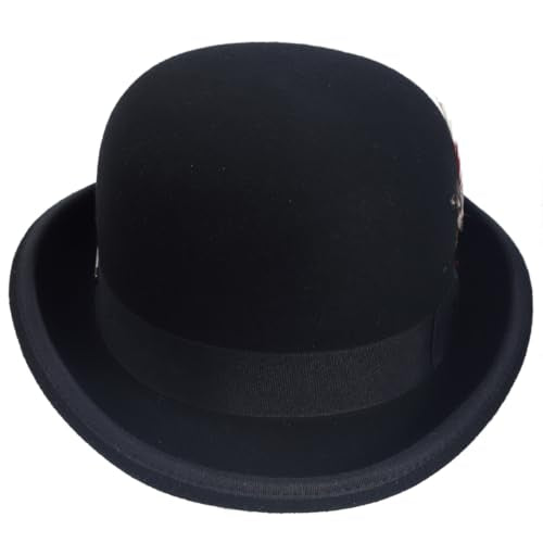 Men's Wool Fedora Hats Women Felt Bowler Derby Hat with Feather - color: Black, size: Large