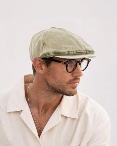 Clakllie Octagonal Newsboy Hat with Chic Stripe Design Herringbone Ivy Cabbie Hat Denim Cotton Gatsby Driving Cap for Daily - color: Nb2610-washedkhaki