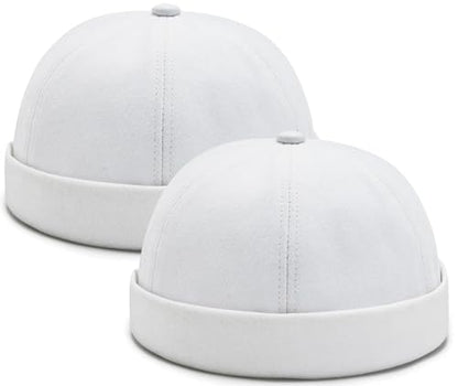 2 Pcs Mens Brimless Docker Cap Set - Retro Worker Sailor Skull Cap Beanie with Rolled Cuff - color: White
