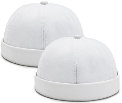 2 Pcs Mens Brimless Docker Cap Set - Retro Worker Sailor Skull Cap Beanie with Rolled Cuff - color: White