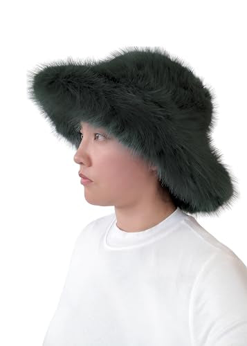 Lina & Lily Oversized Winter Faux Fur Bucket Hat for Women - Long Pile Fur Wide Moldable Brim - color: Dark Green