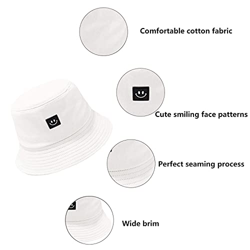 Kids Sun Hat Smile Face Bucket Hat for Girls Boys Summer Sun Protection Cotton Unisex Beach Cap - color: White