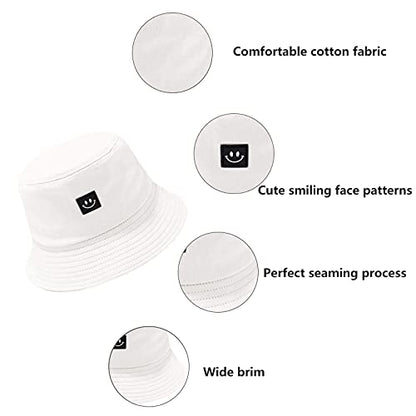 Kids Sun Hat Smile Face Bucket Hat for Girls Boys Summer Sun Protection Cotton Unisex Beach Cap - color: White