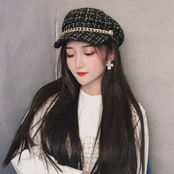 Women Plaid-Tweed Newsboy-Baker-Boy Hat Captain-Sailor Fisherman Hat Peaked-Beret with Chain - color: Black