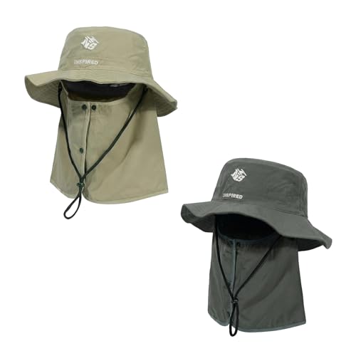 Bucket Hat for Men Women,Waterproof Sun Hat UV Protection with Detachable Face Neck Flap for Outdoors - color: Green+khaki