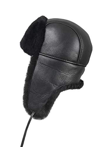 Leather Aviator Shearling Ushanka Trapper Hat Russian Sheepskin Cap Real Fur Winter Hat with Ear Flaps for Men Women - color: Solid Black, size: Small