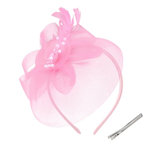 Womens Fascinators Mesh Hats Tea Party Hats for Women Feather Veil Headband - color: Pink