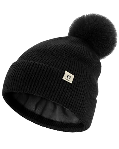 FURTALK Pom Pom Winter Hats for Women Fleece Lined Slouchy Warm Beanie Skull Cap - color: Black