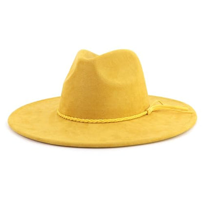 LIDHAY Big Wide Brim Fedora Hats for Women Men Western Suede Hat Large Felt Panama Hat Rancher Hat - color: Yellow