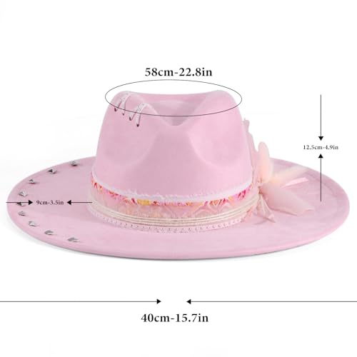 Wide Brim Fedora Hat for Men Women Retro Western Felt Hats - color: Pink