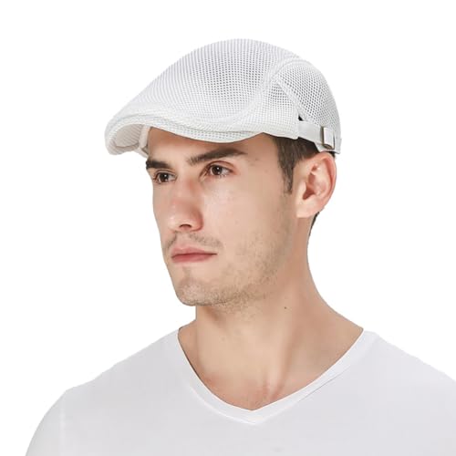 DIYDECAL Mens Breathable Mesh Summer Hat Adjustable Newsboy Beret Ivy Cap Cabbie Flat Cap - color: White