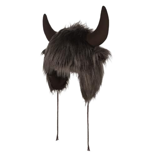 XGOPTS Winter Faux Fur Plush Hat with Horns Warm Animal Horn Ox Earflap Hat - color: Cofffee