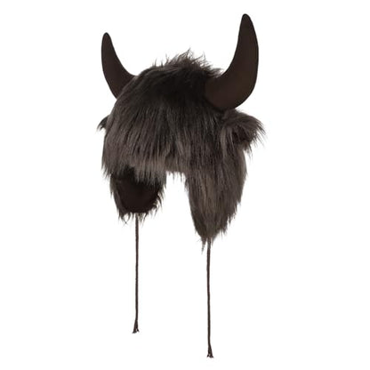 XGOPTS Winter Faux Fur Plush Hat with Horns Warm Animal Horn Ox Earflap Hat - color: Cofffee