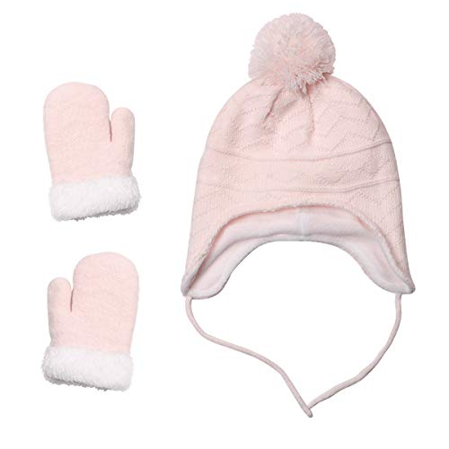 jerague Hats and Gloves Set for Kids Toddler Baby Girls Boys Warm Earflap Beanie Fleece Hats Mittens - color: Pink, size: 3-6 Years
