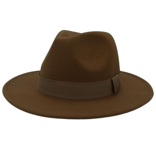 Men's Women's Wide Brim Fedora Hats with Ribbon Panama Felt Cap, British Style Vintage Flat Brimmed Jazz Hat - color: Brown