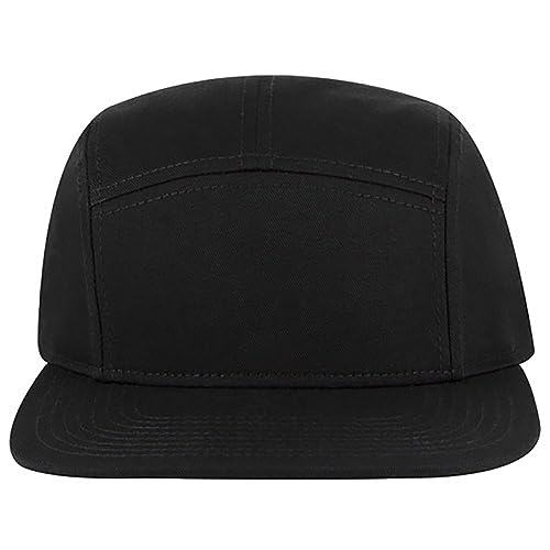 Ashen Fane 5 Panel Superior Cotton Twill Square Flat Visor Adjustable Camper Hat - color: Snapback-black