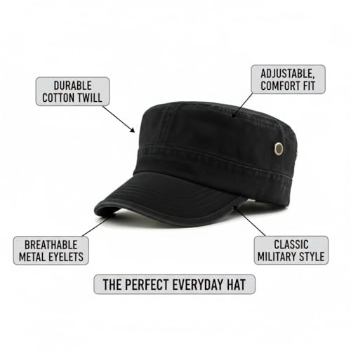 Army Cadet Cap for Men Women Military Flat Top Cap Adjustable Cotton Basic Baseball Cap - color: Black