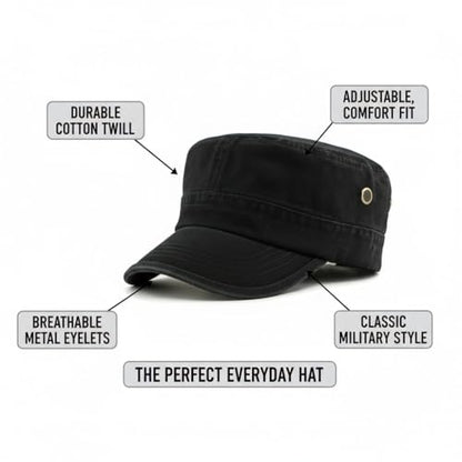 Army Cadet Cap for Men Women Military Flat Top Cap Adjustable Cotton Basic Baseball Cap - color: Black