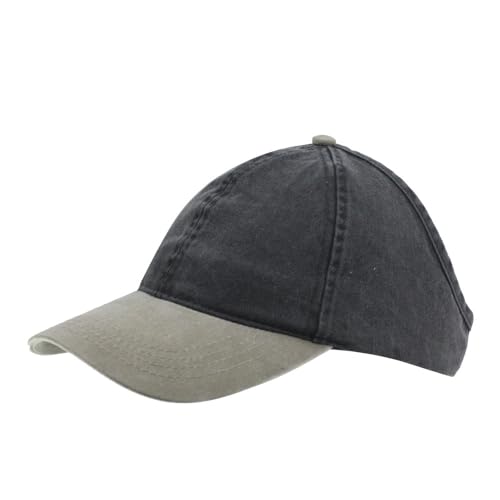 The Vintage Year Ponytail Open Back Washed/Brushed Cotton Adjustable Baseball Sports Cap - color: Khaki/Black