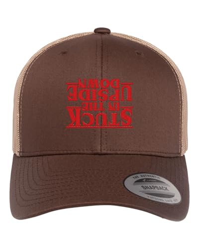 Go All Out Stuck in The Upside Down Dad Deluxe Trucker Flatbill Baseball Structured Embroidered Hat - color: Brown/ Khaki